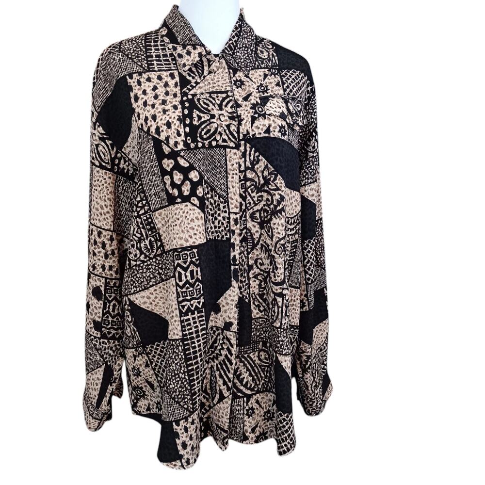 VINTAGE‎ Blouse Top Long Tunic Hong Kong Geo Animal Print No Iron Oversized LG